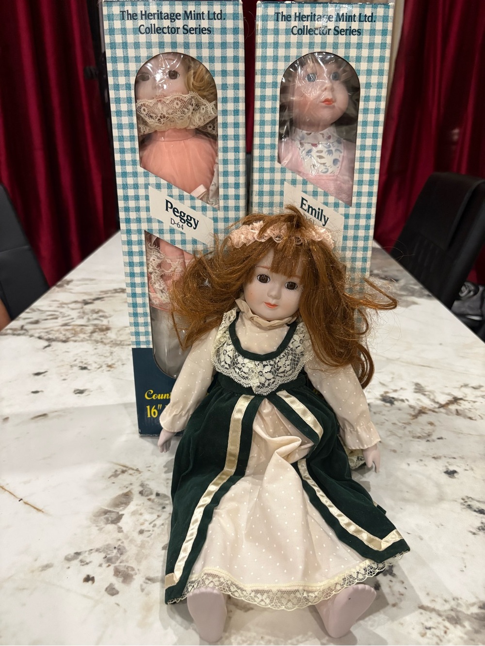Emily Porcelain Doll - Green & Cream Dress